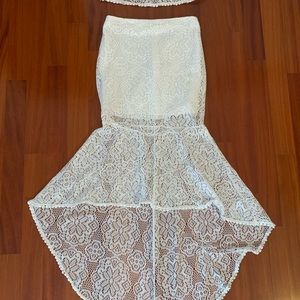 Two piece lace off the shoulder crop top skirt set. Perfect for the bride-to-be!